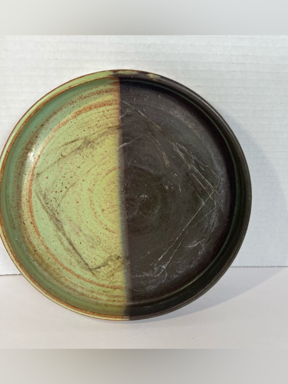 Studio Pottery Ceramic Plate Split Glaze Green Brown Art Dish Handmade 8.5”
